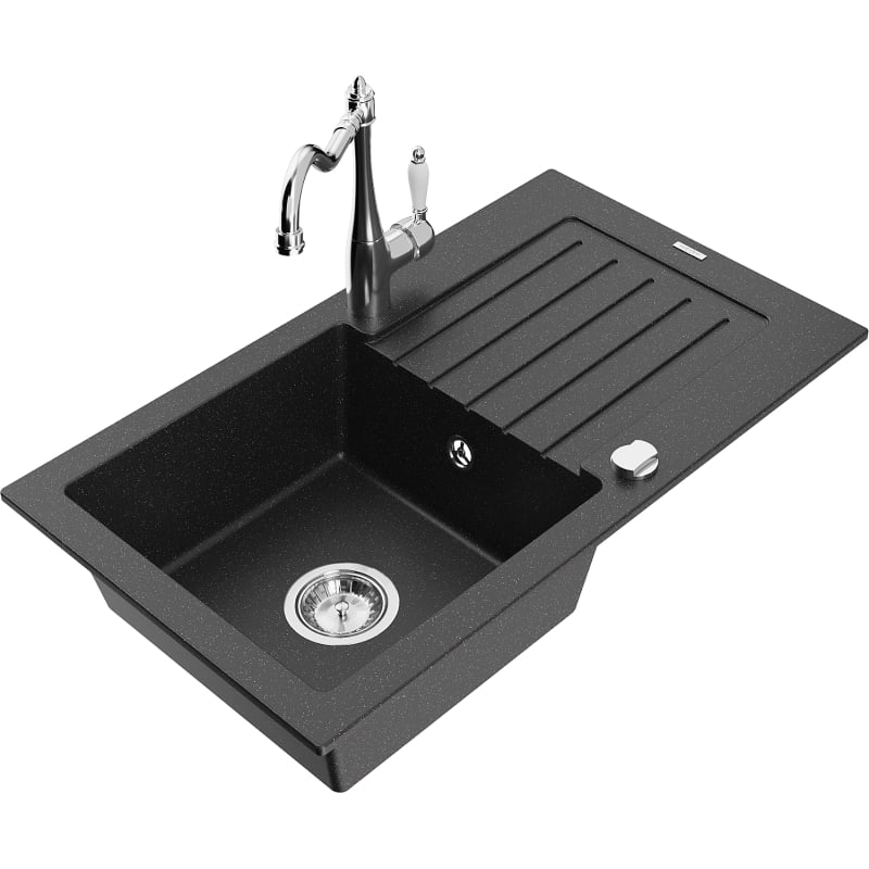 Mexen Pablo granite kitchen sink 1-bowl with drainer and kitchen faucet Carla, black/silver metallic - 6510-73-670700-00