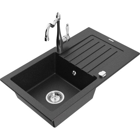 Mexen Pablo 1-bowl granite sink with drainer and Carla kitchen tap, black/silver metallic - 6510-73-670700-00