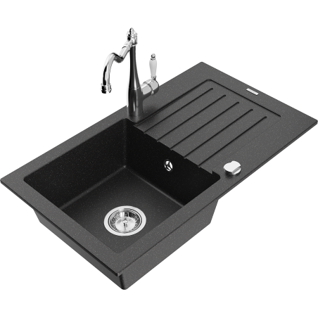 Mexen Pablo granite kitchen sink with 1 bowl, drainer, and Carla faucet, black/silver metallic - 6510-73-670700-00