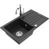 Mexen Pablo granite kitchen sink with 1 bowl, drainer, and Carla faucet, black/silver metallic - 6510-73-670700-00