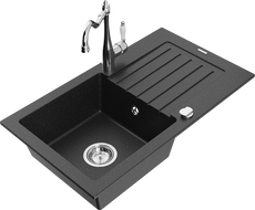 Mexen Pablo granite kitchen sink with 1 bowl, drainer, and Carla faucet, black/silver metallic - 6510-73-670700-00