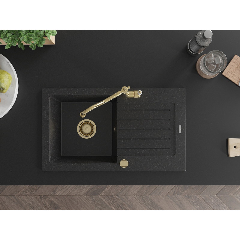 Mexen Pablo granite kitchen sink 1-bowl with drainer and kitchen faucet Carla, black/silver metallic - 6510-73-670700-50