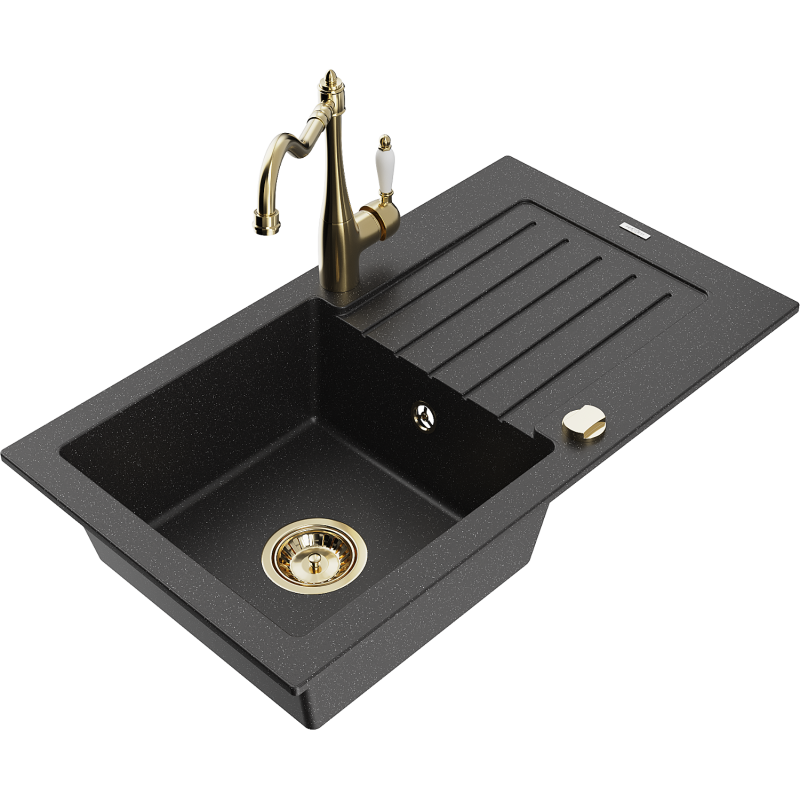 Mexen Pablo 1-compartment granite sink with a drip tray and kitchen mixer tap Carla, Black/Silver metallic - 6510-73-670700-50