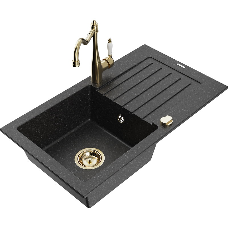 Mexen Pablo granite kitchen sink 1-bowl with drainer and kitchen faucet Carla, black/silver metallic - 6510-73-670700-50