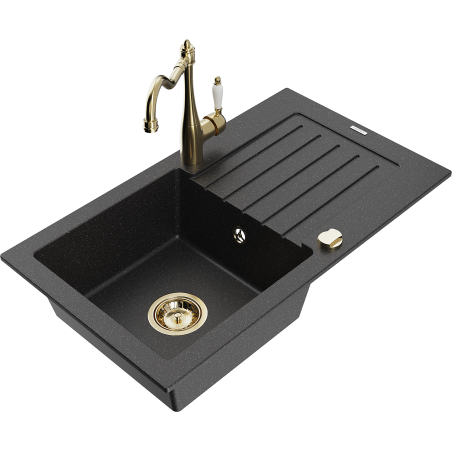 Mexen Pablo granite kitchen sink 1-bowl with drainer and kitchen faucet Carla, black/silver metallic - 6510-73-670700-50