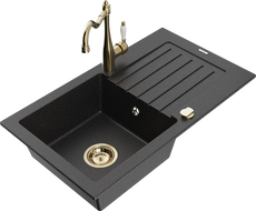 Mexen Pablo granite kitchen sink single-bowl with drainer and kitchen faucet Carla, black/silver metallic - 6510-73-670700-50