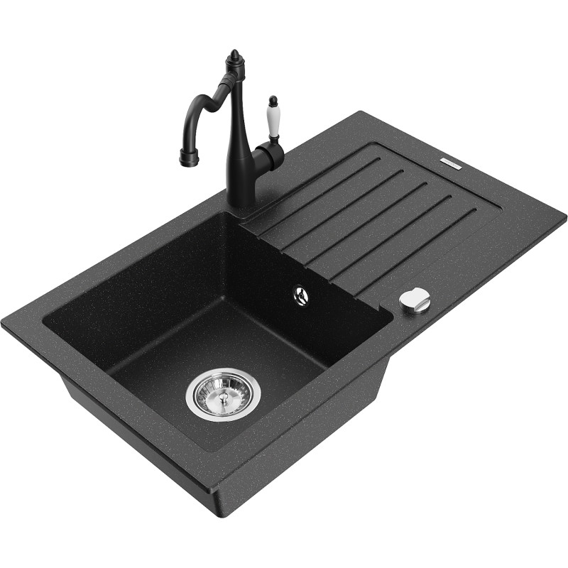 Mexen Pablo 1-bowl granite sink with drainer and kitchen faucet Carla, black/silver metallic - 6510-73-670700-70