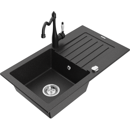 Mexen Pablo 1-compartment granite sink with a drip tray and kitchen mixer tap Carla, Black/Silver metallic - 6510-73-670700-70