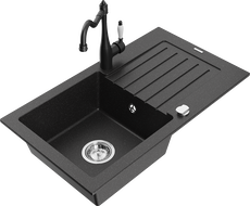 Mexen Pablo granite sink 1-bowl with drainer and Carla kitchen tap, black/silver metallic - 6510-73-670700-70