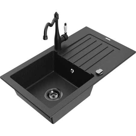 Mexen Pablo granite kitchen sink, single bowl with drainer and Carla kitchen faucet, black/silver metallic - 6510-73-670700-70-B
