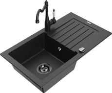 Mexen Pablo 1-bowl Granite Sink with Drainer and Carla Kitchen Tap, Black/Silver Metallic - 6510-73-670700-70-B