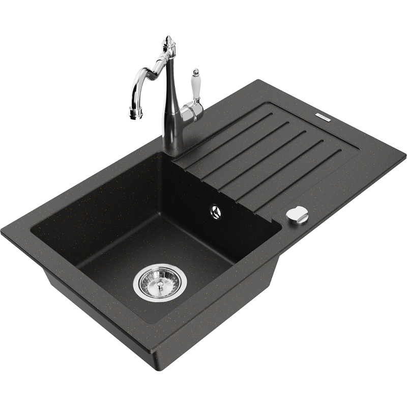 Mexen Pablo granite sink 1-bowl with drainer and Carla kitchen tap, black/gold metallic - 6510-75-670700-00
