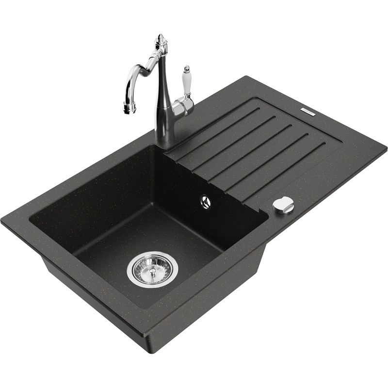 Mexen Pablo granite sink with 1 basin, drainer and kitchen faucet Carla, black/gold metallic - 6510-75-670700-00