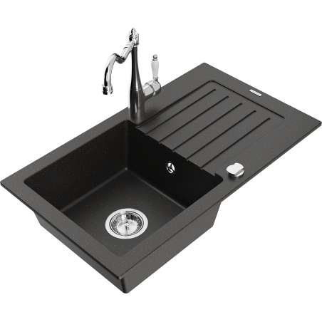 Mexen Pablo 1-compartment granite sink with a drip tray and kitchen mixer tap Carla, Black/Gold metallic - 6510-75-670700-00