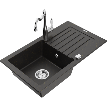 Mexen Pablo granite sink 1-bowl with drainer and Carla kitchen tap, black/gold metallic - 6510-75-670700-00