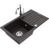 Mexen Pablo 1-compartment granite sink with a drip tray and kitchen mixer tap Carla, Black/Gold metallic - 6510-75-670700-00