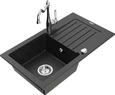 Mexen Pablo granite sink 1-bowl with drainer and Carla kitchen tap, black/gold metallic - 6510-75-670700-00