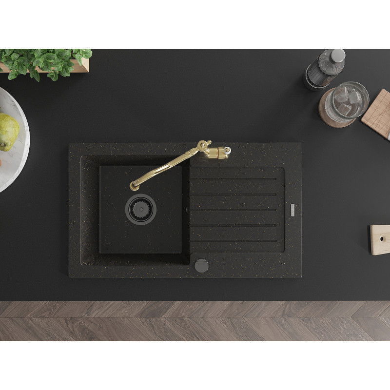 Mexen Pablo granite kitchen sink with 1 basin, drainer, and Carla kitchen tap, black/gold metallic - 6510-75-670700-50-B