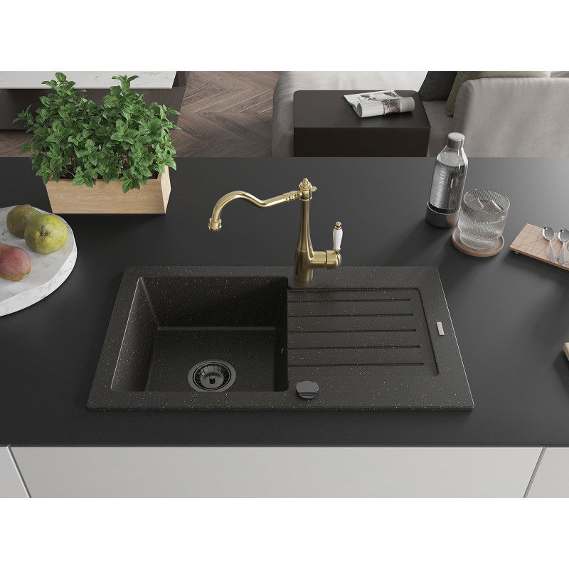 Mexen Pablo granite kitchen sink with 1 basin, drainer, and Carla kitchen tap, black/gold metallic - 6510-75-670700-50-B