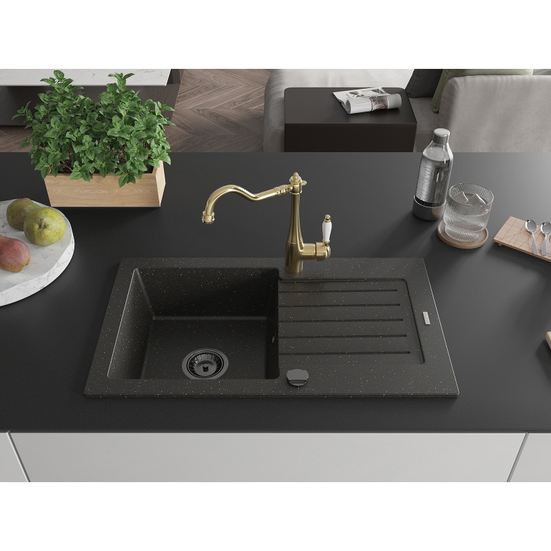 Mexen Pablo granite sink 1-bowl with drainer and kitchen faucet Carla, black/golden metallic - 6510-75-670700-50-B
