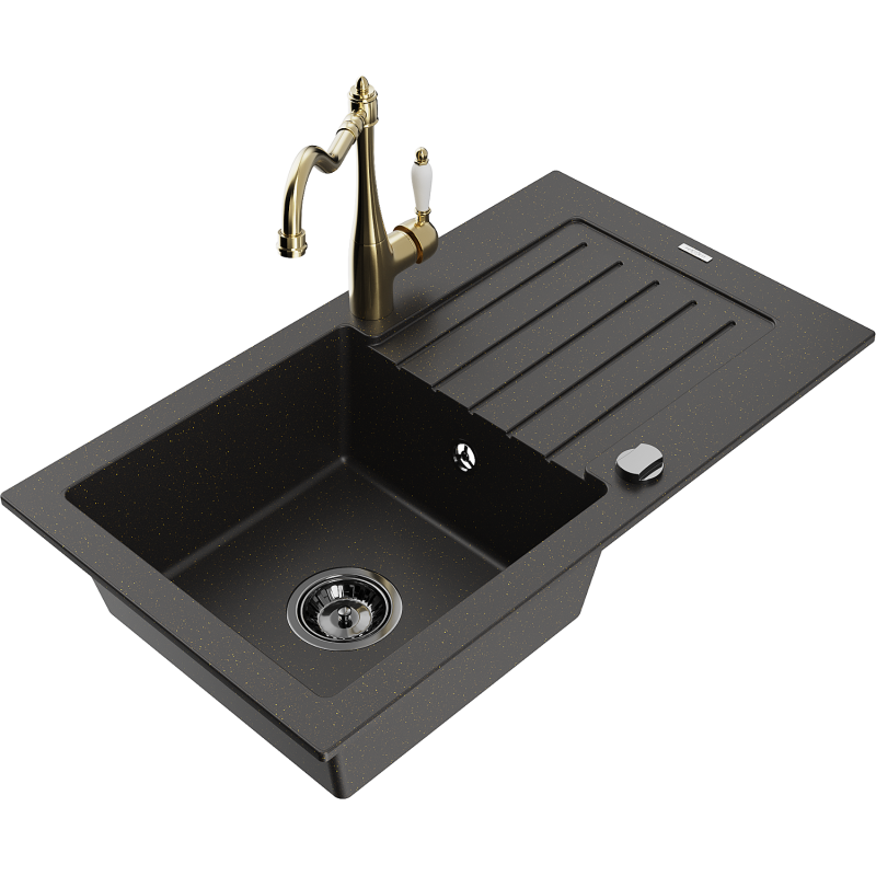 Mexen Pablo 1-compartment granite sink with a drip tray and kitchen mixer tap Carla, Black/Gold metallic - 6510-75-670700-50-B