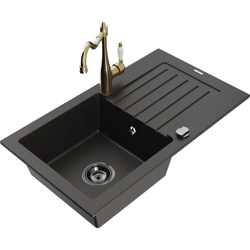 Mexen Pablo granite kitchen sink with 1 basin, drainer, and Carla kitchen tap, black/gold metallic - 6510-75-670700-50-B