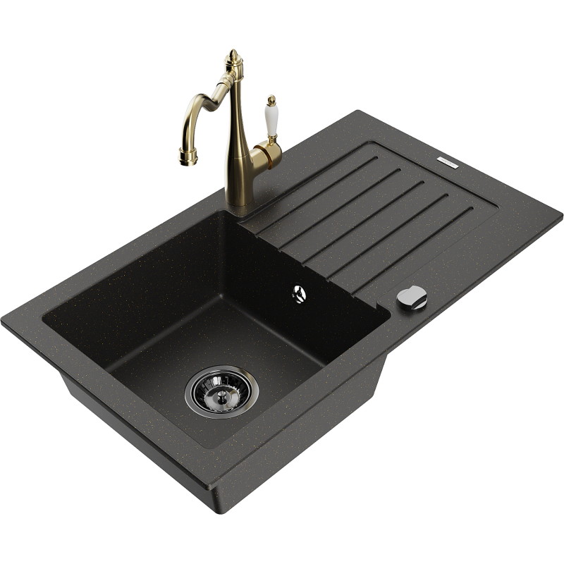 Mexen Pablo granite sink 1-bowl with drainer and kitchen faucet Carla, black/golden metallic - 6510-75-670700-50-B