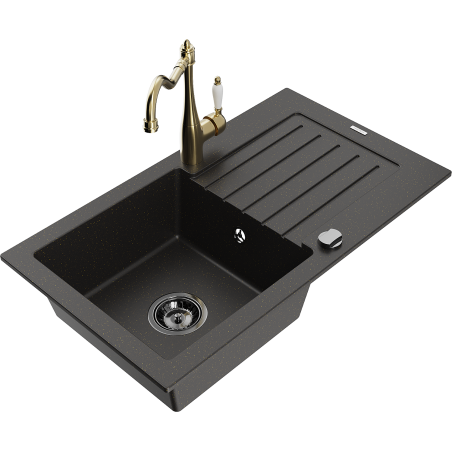 Mexen Pablo granite kitchen sink with 1 basin, drainer, and Carla kitchen tap, black/gold metallic - 6510-75-670700-50-B