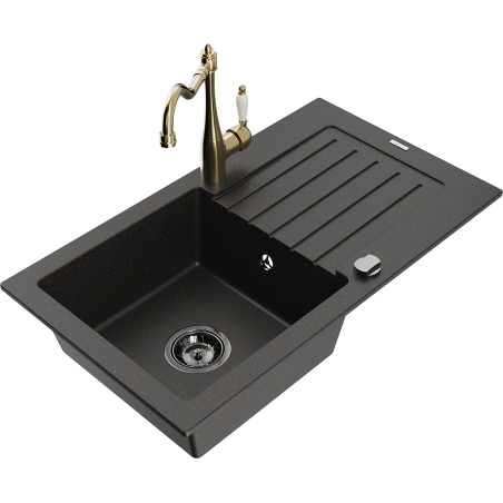Mexen Pablo granite sink 1-bowl with drainer and kitchen faucet Carla, black/golden metallic - 6510-75-670700-50-B