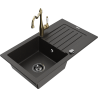 Mexen Pablo granite kitchen sink with 1 basin, drainer, and Carla kitchen tap, black/gold metallic - 6510-75-670700-50-B