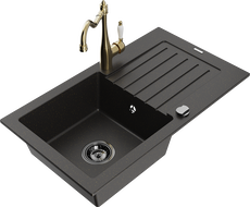 Mexen Pablo granite kitchen sink with 1 basin, drainer, and Carla kitchen tap, black/gold metallic - 6510-75-670700-50-B