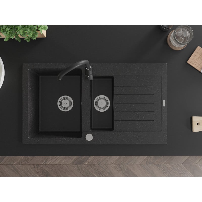 Mexen Matias 1.5-bowl granite sink with drainer and Telma kitchen faucet, black/silver - 6502-73-670200-70