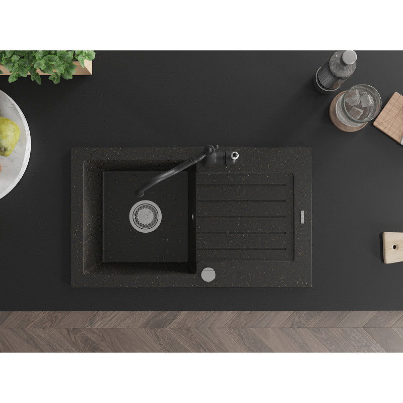 Mexen Pablo 1-bowl granite sink with drainer and Carla kitchen tap, black/golden metallic - 6510-75-670700-70