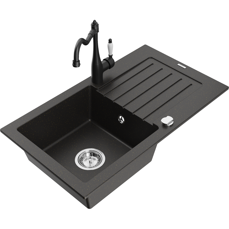 Mexen Pablo 1-bowl granite sink with drainer and Carla kitchen tap, black/golden metallic - 6510-75-670700-70