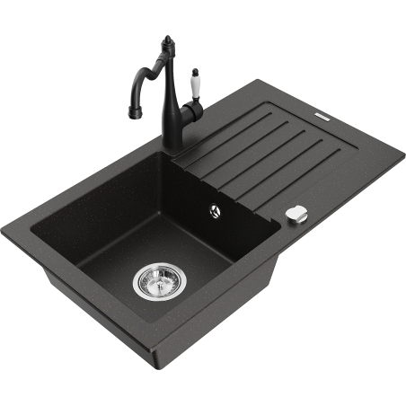 Mexen Pablo 1-bowl granite sink with drainer and Carla kitchen tap, black/golden metallic - 6510-75-670700-70