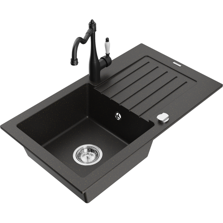 Mexen Pablo granite sink 1-bowl with drainer and kitchen faucet Carla, black/gold metallic - 6510-75-670700-70