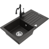 Mexen Pablo 1-bowl granite sink with drainer and Carla kitchen tap, black/golden metallic - 6510-75-670700-70