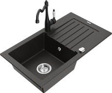 Mexen Pablo 1-bowl granite sink with drainer and Carla kitchen tap, black/golden metallic - 6510-75-670700-70