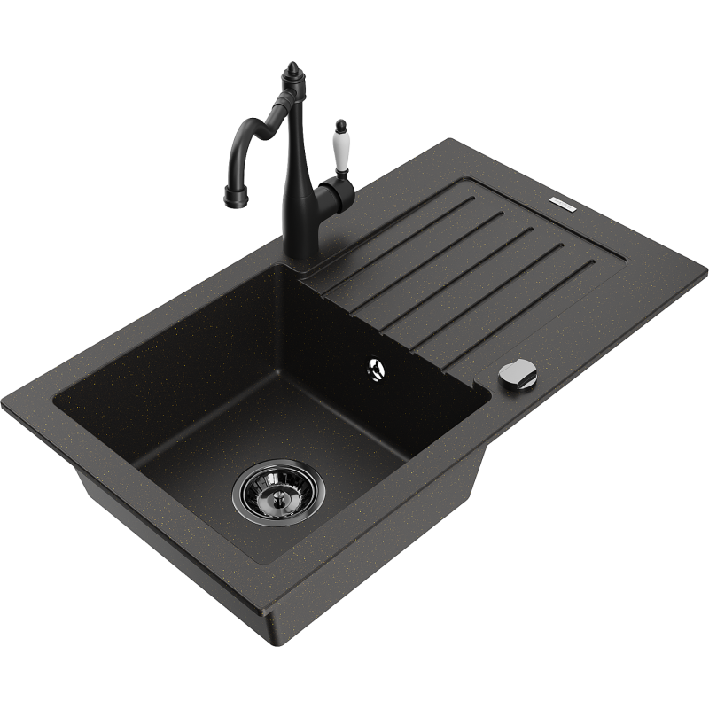 Mexen Pablo 1-bowl granite sink with drainer and Carla kitchen tap, black/gold metallic - 6510-75-670700-70-B
