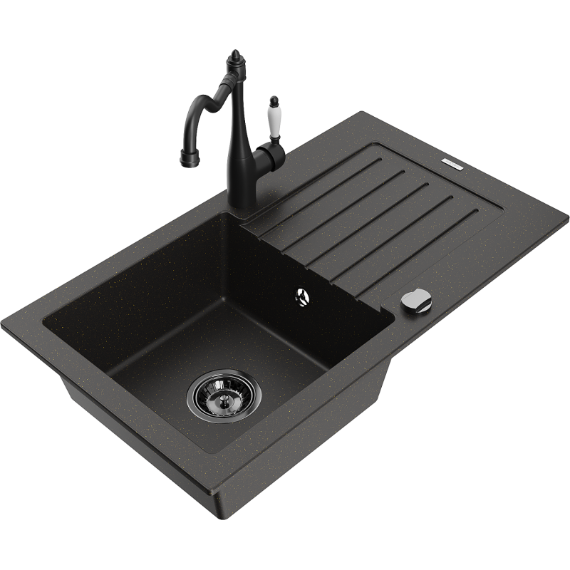 Mexen Pablo 1-compartment granite sink with a drip tray and kitchen mixer tap Carla, Black/Gold metallic - 6510-75-670700-70-B