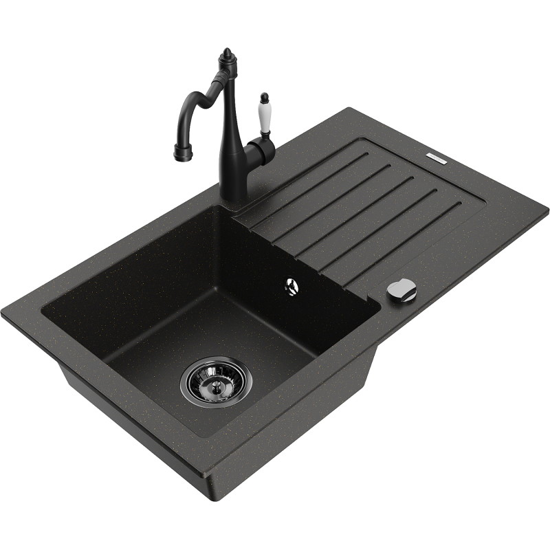 Mexen Pablo granite kitchen sink 1-bowl with drainer and kitchen faucet Carla, black/gold metallic - 6510-75-670700-70-B