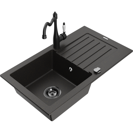 Mexen Pablo 1-bowl granite sink with drainer and Carla kitchen tap, black/gold metallic - 6510-75-670700-70-B