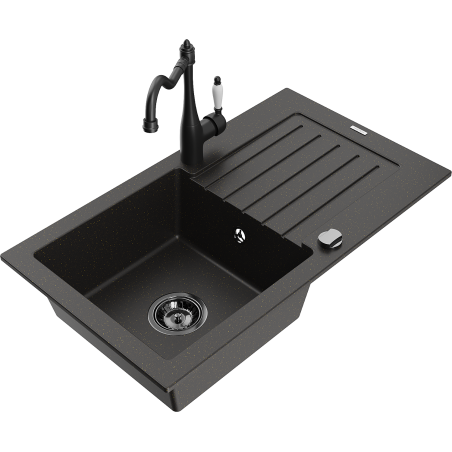 Mexen Pablo granite kitchen sink 1-bowl with drainer and kitchen faucet Carla, black/gold metallic - 6510-75-670700-70-B