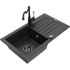 Mexen Pablo granite kitchen sink 1-bowl with drainer and kitchen faucet Carla, black/gold metallic - 6510-75-670700-70-B