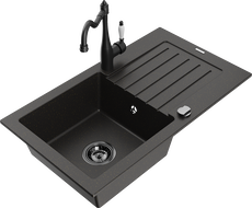 Mexen Pablo granite kitchen sink single-bowl with drainer and kitchen faucet Carla, black/gold metallic - 6510-75-670700-70-B