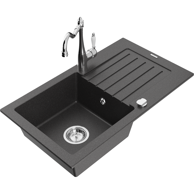 Mexen Pablo granite kitchen sink 1-bowl with drainer and Carla kitchen tap, black speckled - 6510-76-670700-00
