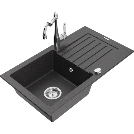 Mexen Pablo single-bowl granite sink with drainer and kitchen faucet Carla, speckled black - 6510-76-670700-00