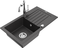 Mexen Pablo granite kitchen sink 1-bowl with drainer and Carla kitchen tap, black speckled - 6510-76-670700-00