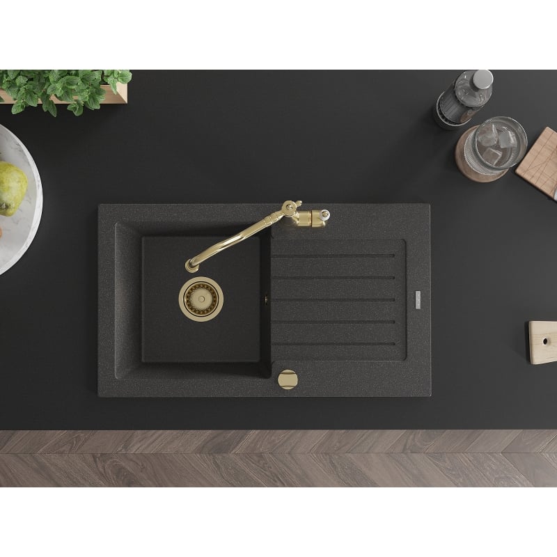 Mexen Pablo 1-bowl granite sink with drainer and Carla kitchen faucet, black speckled - 6510-76-670700-50