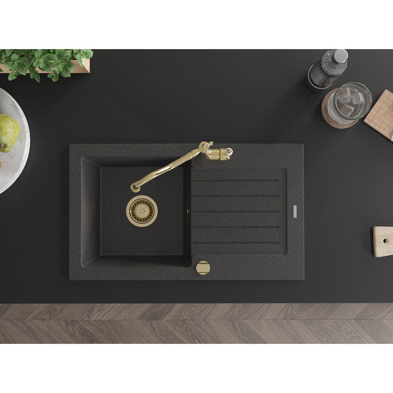 Mexen Pablo 1-bowl granite sink with drainer and kitchen tap Carla, black speckled - 6510-76-670700-50